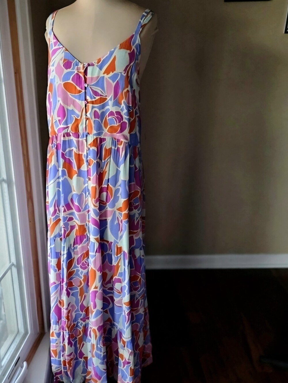 Colorful Floral Maxi Dress S FRNCH Paris Tiered Button Front Resort Vacation